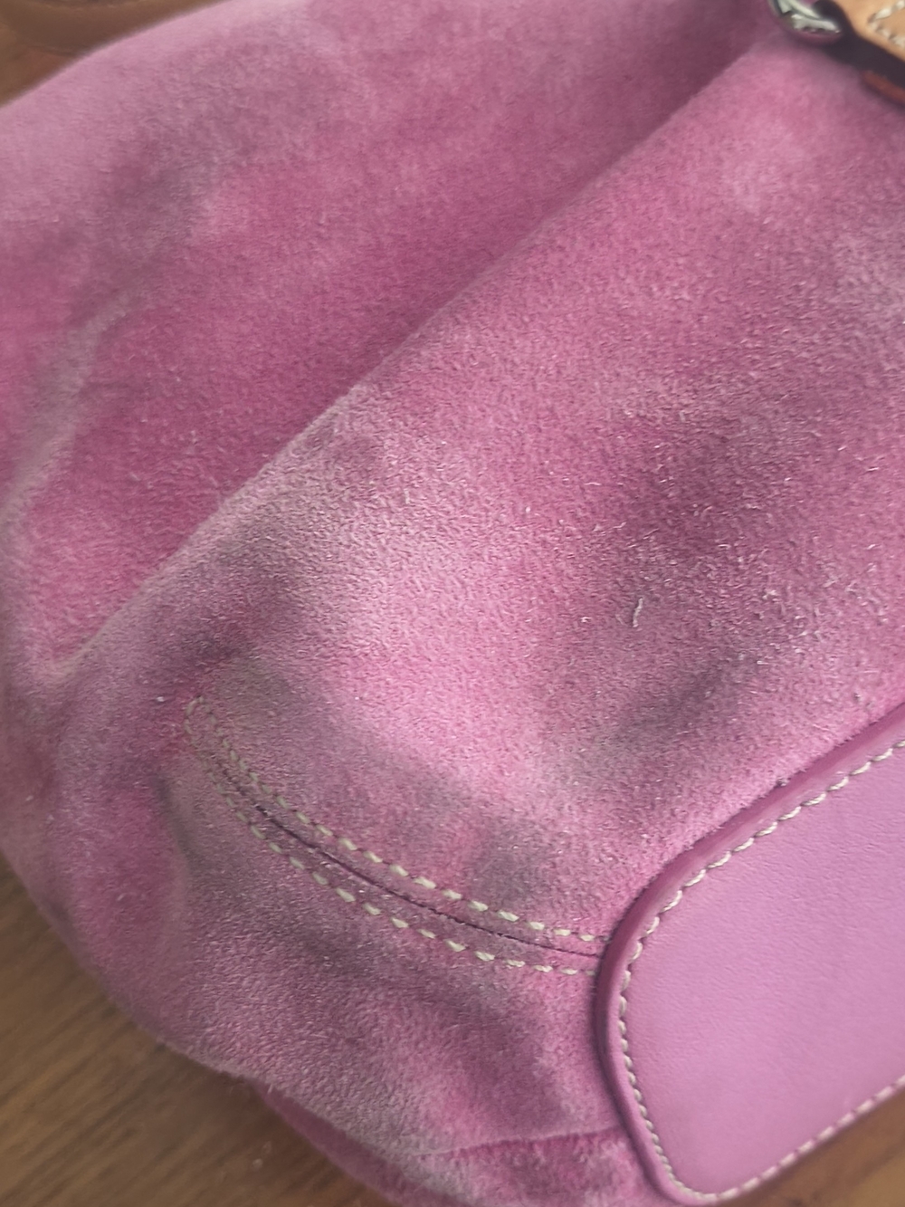 Coach Pink Suede Shoulder Bag with Tan Leather Trim - Picture 9 of 15